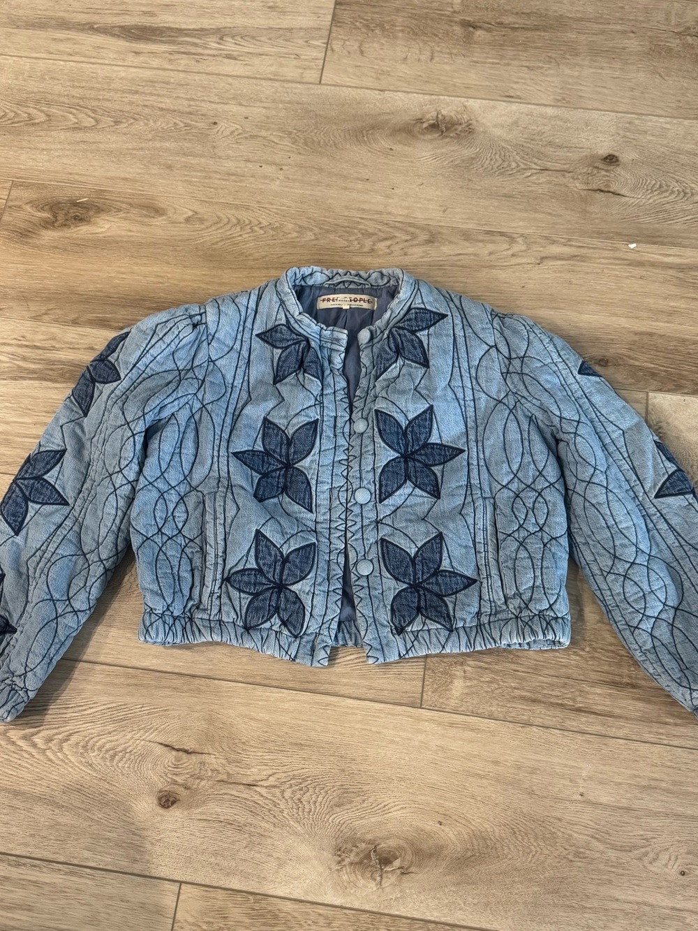 Free People Quinn Quilted Jacket indigo wash Floral Quilt Stitch Fall Coat - Picture 5 of 11